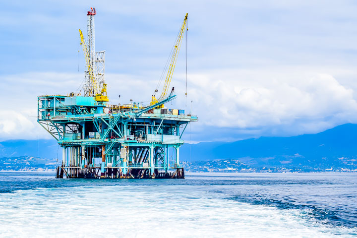 Santa Barbara oil rigs seen from whale watching boat