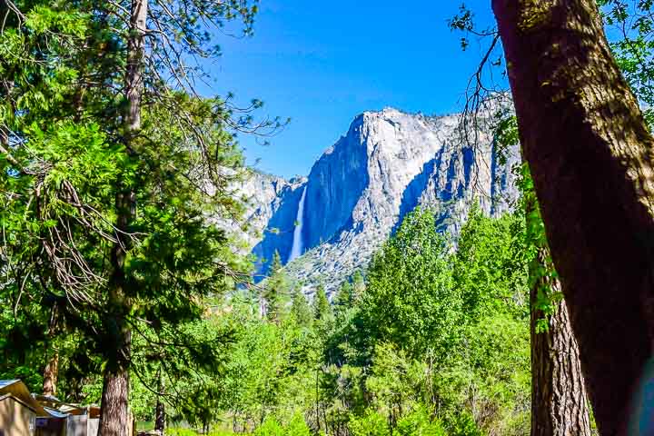 view of Yosemite falls from housekeeping camp